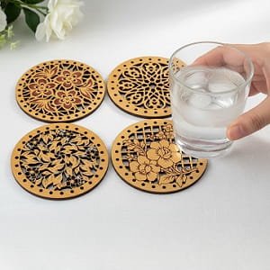 Laser Cut Wooden Floral Pattern Drink Coasters Set of Four