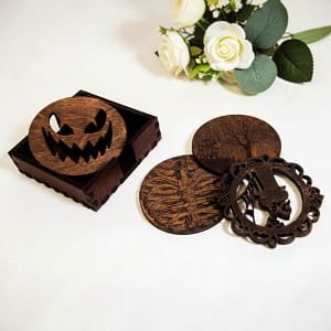 Laser Cut Wooden Halloween Coasters with Holder