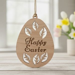 Laser Cut Wooden Happy Easter Egg Ornament with Leaf Pattern