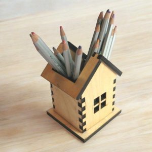 Laser Cut Wooden House Shaped Pen Holder Vector