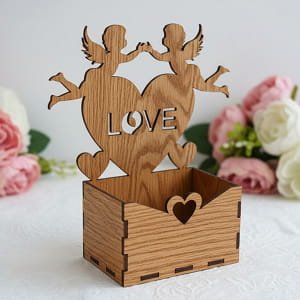 Laser Cut Wooden Love Box with Angel and Heart