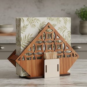 Laser Cut Wooden Napkin Holder with Toothpick Stand