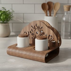 Laser Cut Wooden Napkin, Salt and Pepper Shaker Holder