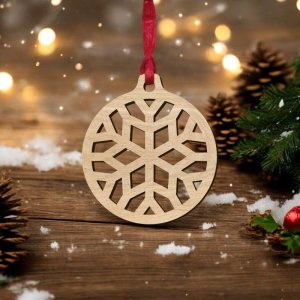 Laser Cut Wooden Ornament with Snowflake Design Vector