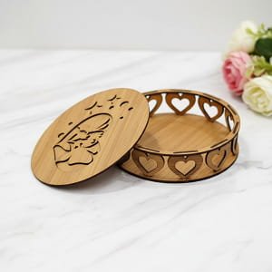 Laser Cut Wooden Round Box with Heart Pattern