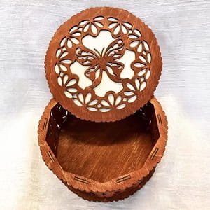 Laser Cut Wooden Round Jewelry Box with Butterfly Design
