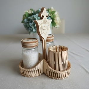 Laser Cut Wooden Salt Pepper and Toothpick Holder Set
