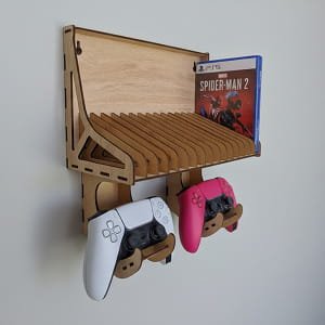 Laser Cut Wooden Wall Mounted Gaming Console Organizer