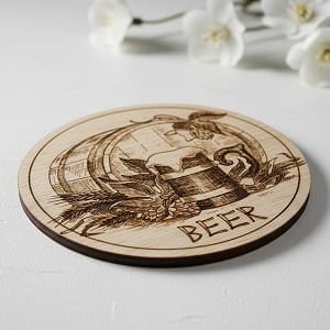 Laser Engraved Drink Coaster with Beer Mug and Barrel Design