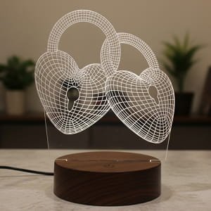 Laser Engraved Locked Hearts Acrylic 3D Illusion Night Lamp