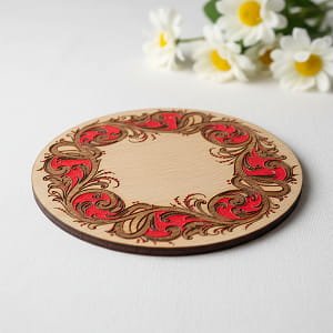 Laser Engraved Round Wooden Floral Drink Coaster