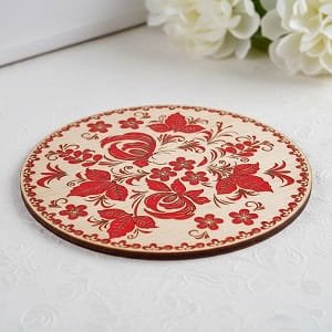 Laser Engraved Round Wooden Khokhloma Floral Drink Coaster