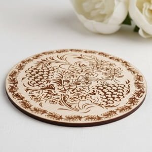 Laser Engraved Round Wooden Traditional Folk Art Drink Coaster