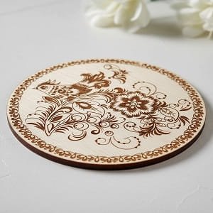 Laser Engraved Wooden Khokhloma Floral Bird Drink Coaster