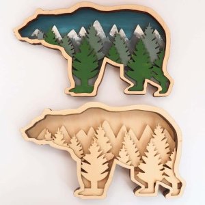 Layered Bear Decor with Mountains and Trees Laser Cut File
