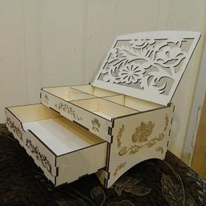 Multi Compartment Jewelry Box with Floral Cutout Lid Laser Cut File
