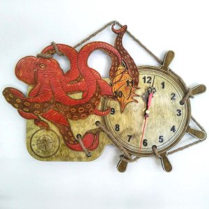 Octopus with Pirate Ship Wheel Wall Clock Laser Cut File