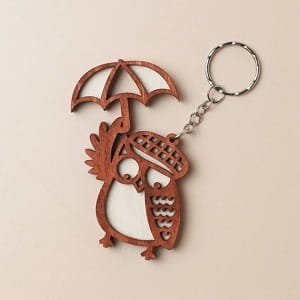 Owl Keychain with Umbrella Laser Cut Wooden Keyring