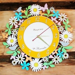 Wooden Wall Clock with Daisy Flowers and Birds Laser Cut File